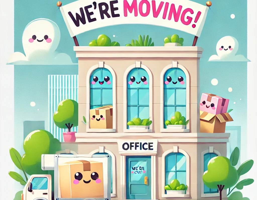 DALL·E 2024-10-15 09.27.55 - A cute and cheerful illustration announcing a company office relocation. The image features a bright, welcoming office building with smiling windows a